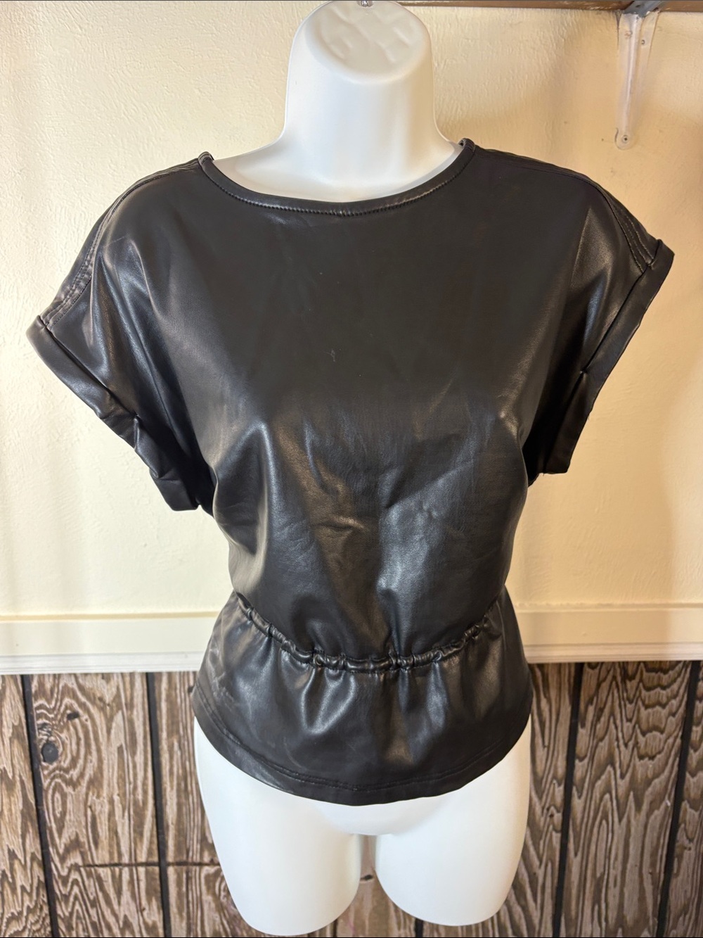 Black Faux Leather Short Sleeve Top with Cinch Tie Waist